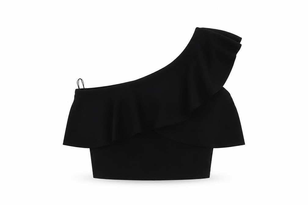 Stradivarius Womens Black Polyester Cropped Blouse Size M One Shoulder - Ruffle