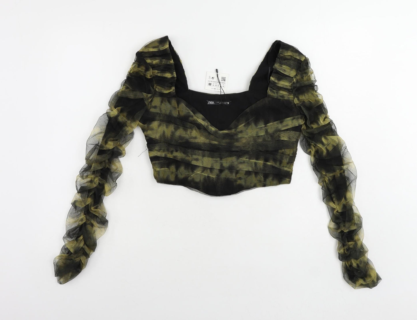 Zara Womens Green Polyester Cropped Blouse Size M Square Neck - Ruched