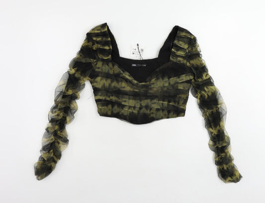 Zara Womens Green Polyester Cropped Blouse Size M Square Neck - Ruched