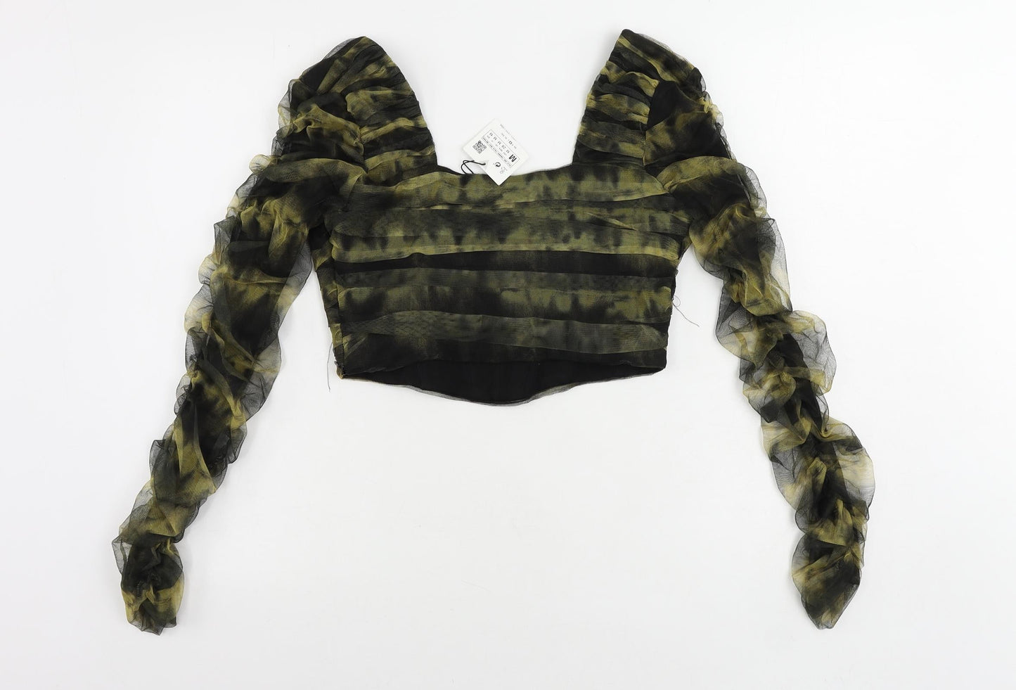 Zara Womens Green Polyester Cropped Blouse Size M Square Neck - Ruched