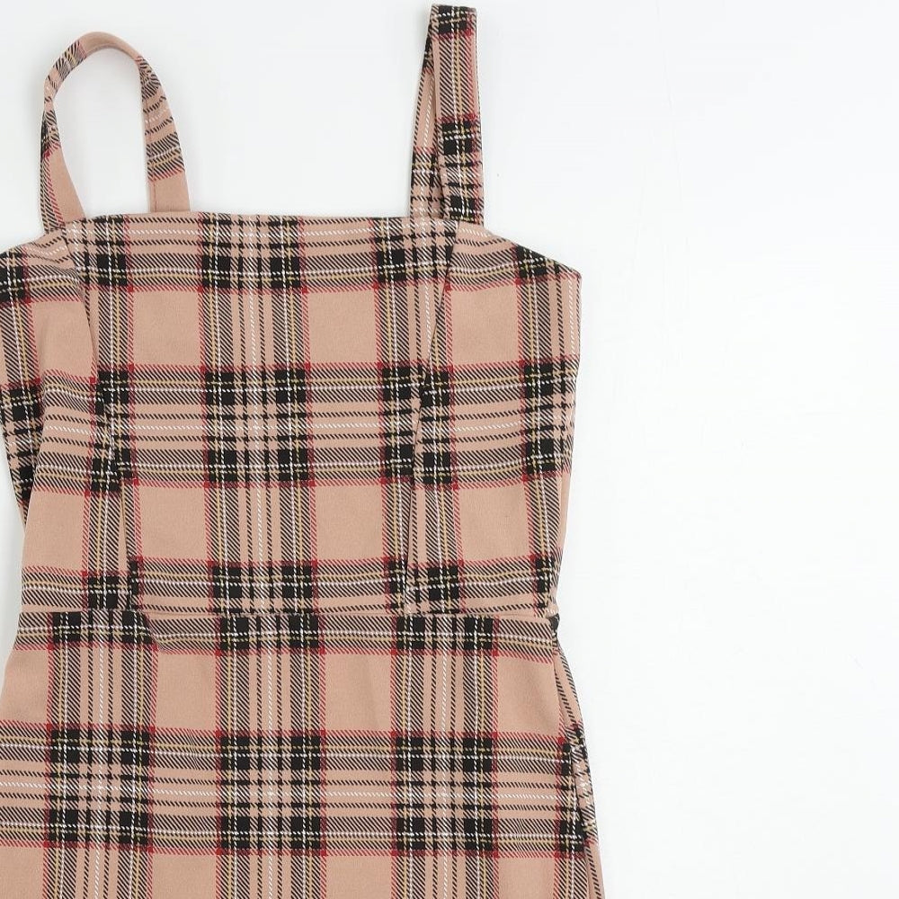 I SAW IT FIRST Womens Pink Plaid Polyester Mini Size 8 Square Neck Pullover