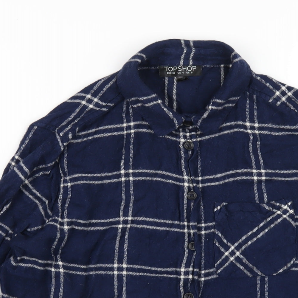 Topshop Womens Blue Plaid Viscose Basic Blouse Size 8 Collared