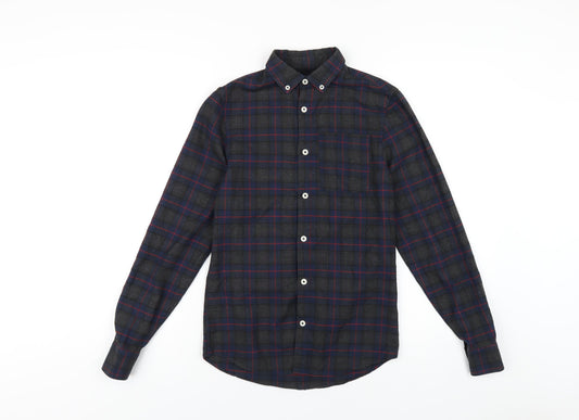 River Island Mens Multicoloured Plaid Polyester Button-Up Size XS Collared Button