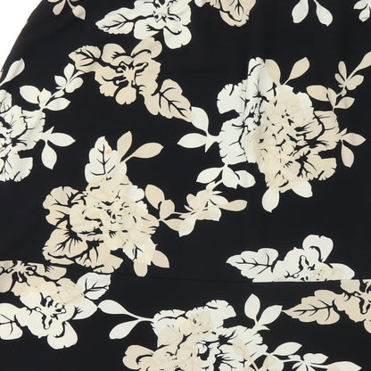 Brand and care label for BCBGMAXAZRIA women’s black floral polyester a-line skirt, size L