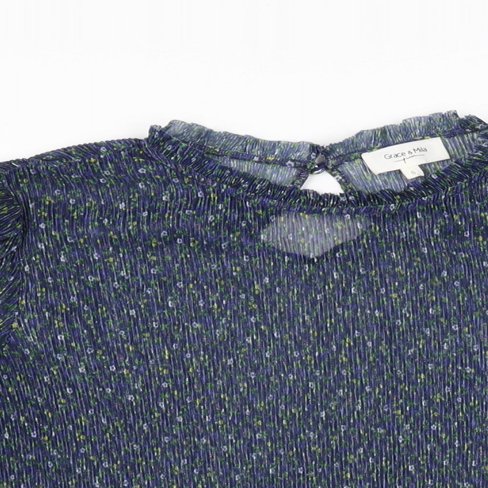 Grace & Mila Womens Blue Floral Polyester Basic Blouse Size S Round Neck