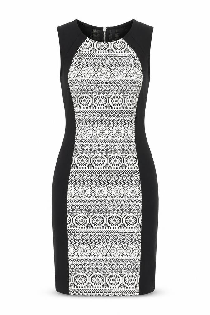 H&M Womens Black Geometric Polyester Bodycon Size 12 Round Neck Zip
