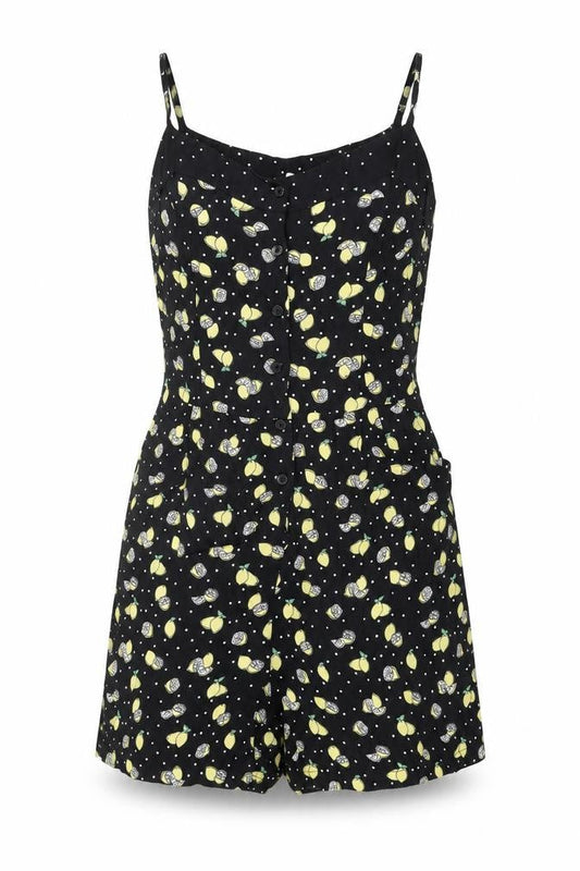 Front view of By Henry Holland women’s black geometric viscose playsuit one-piece, size UK 6, 4-inch leg button - lemon print