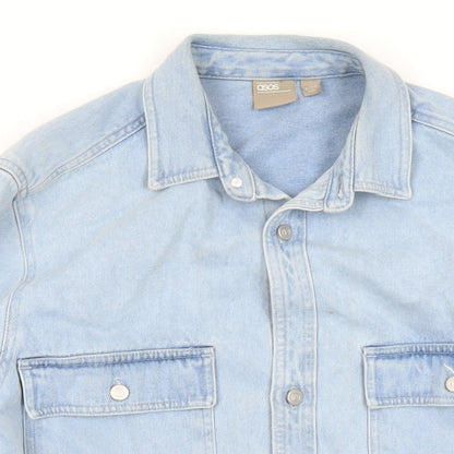 Close-up detail of ASOS men’s blue jacket, size M, button