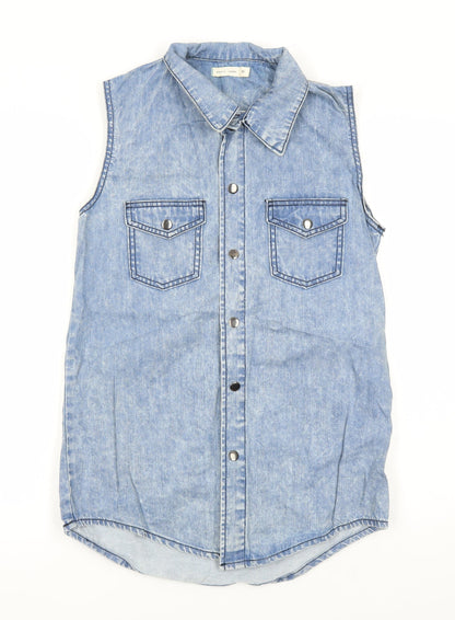 Additional front view of Silence + Noise women’s blue 100% cotton basic blouse, size XS, collared