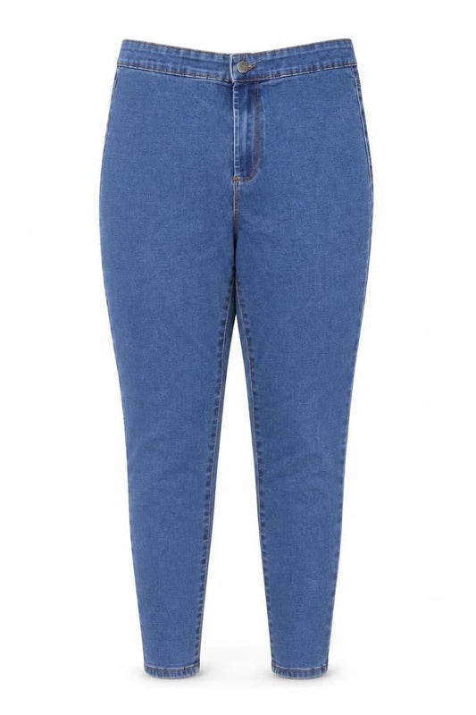 Front view of Denim & Co. women’s blue cotton skinny jeans, size UK 12, 24-inch leg regular button