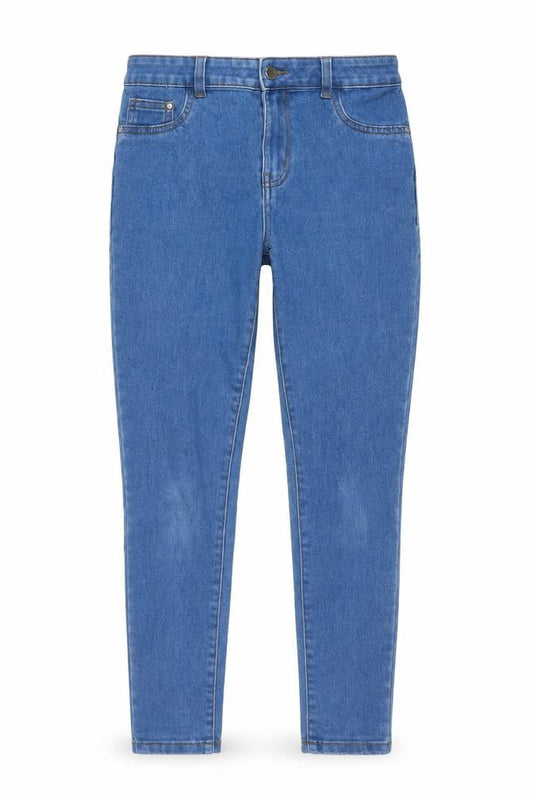 Front view of Denim & Co. women’s blue cotton skinny jeans, size UK 12, 28-inch leg regular button
