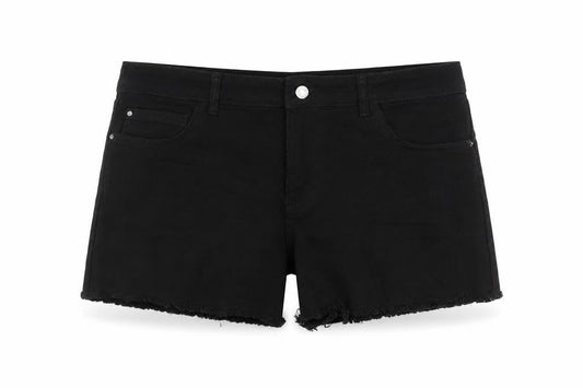 Front view of Denim & Co. women’s black cotton cut-off shorts, size UK 18, 4-inch leg regular button