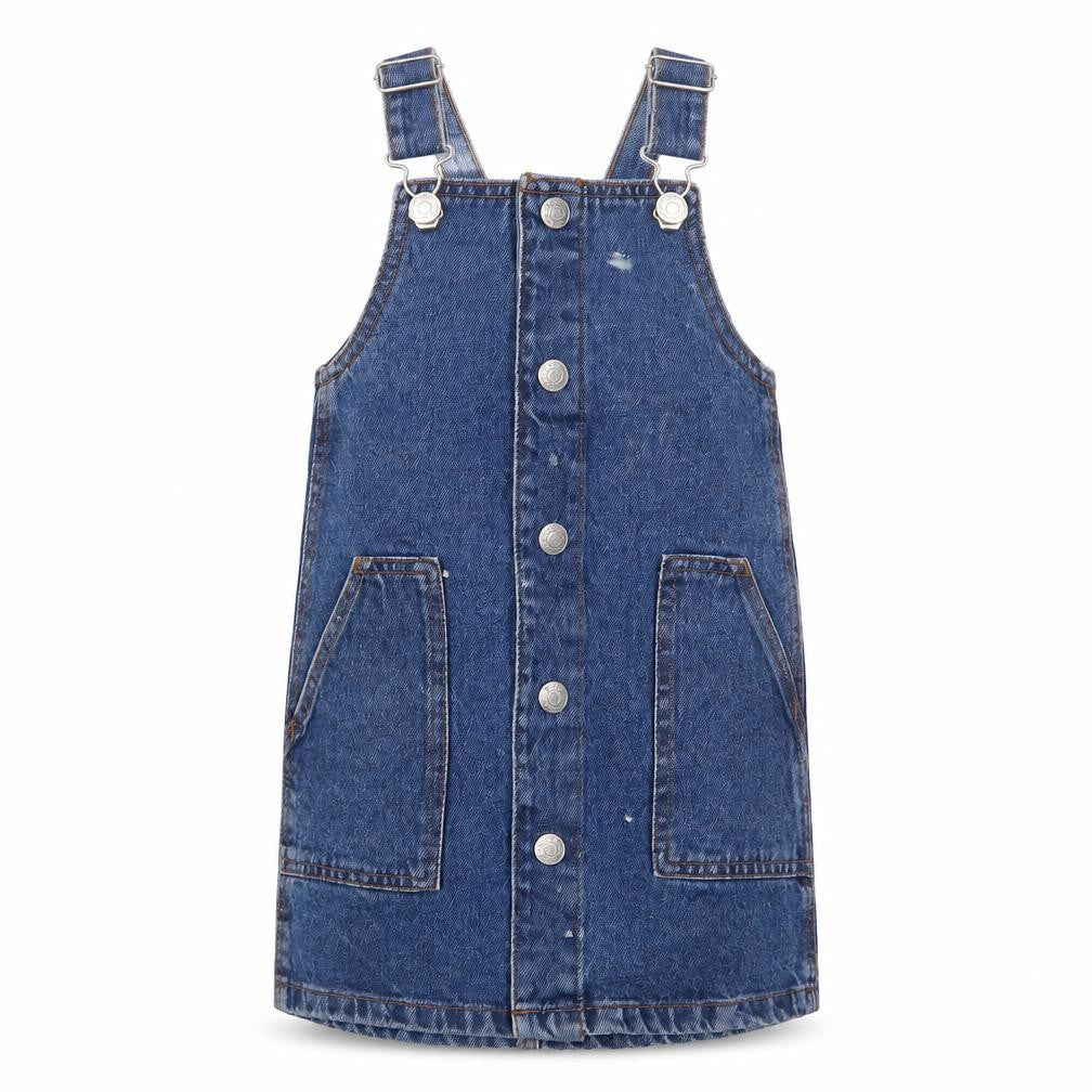 Front view of Denim & Co. girls’ blue cotton a-line, size 2-3, years square neck snap