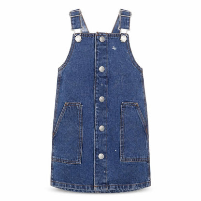 Front view of Denim & Co. girls’ blue cotton a-line, size 2-3, years square neck snap