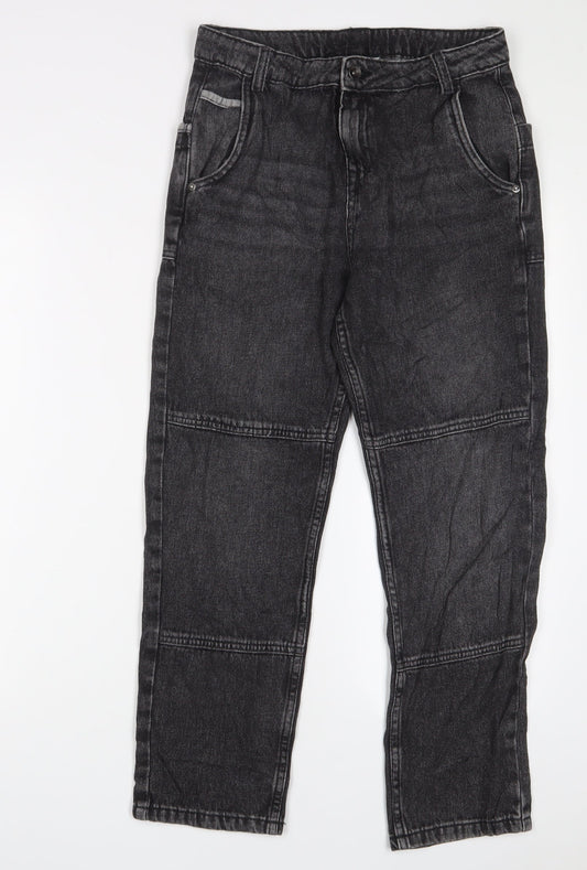 Marks and Spencer Girls Black Cotton Straight Jeans Size 11-12 Years L27 in Regular Zip - Pockets