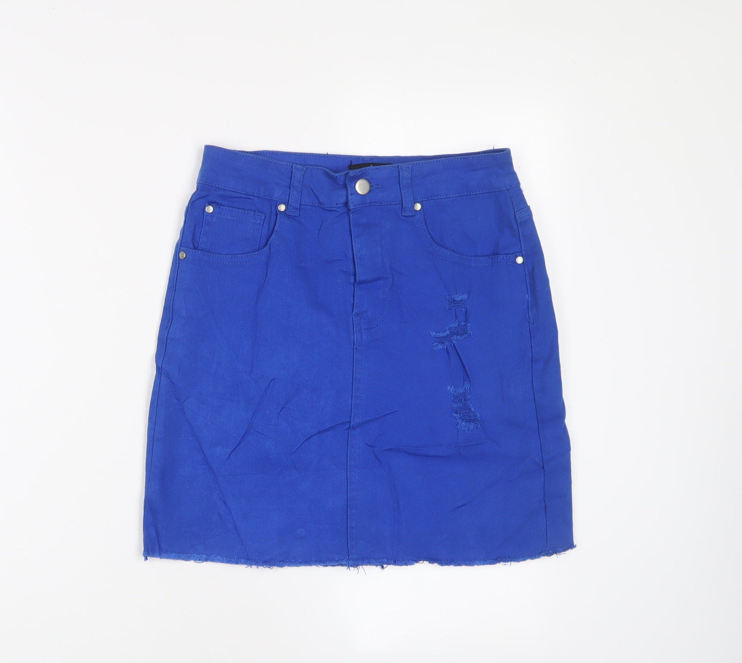 PRETTYLITTLETHING Womens Blue Cotton A-Line Skirt Size 6 Zip - Distressed, Pockets