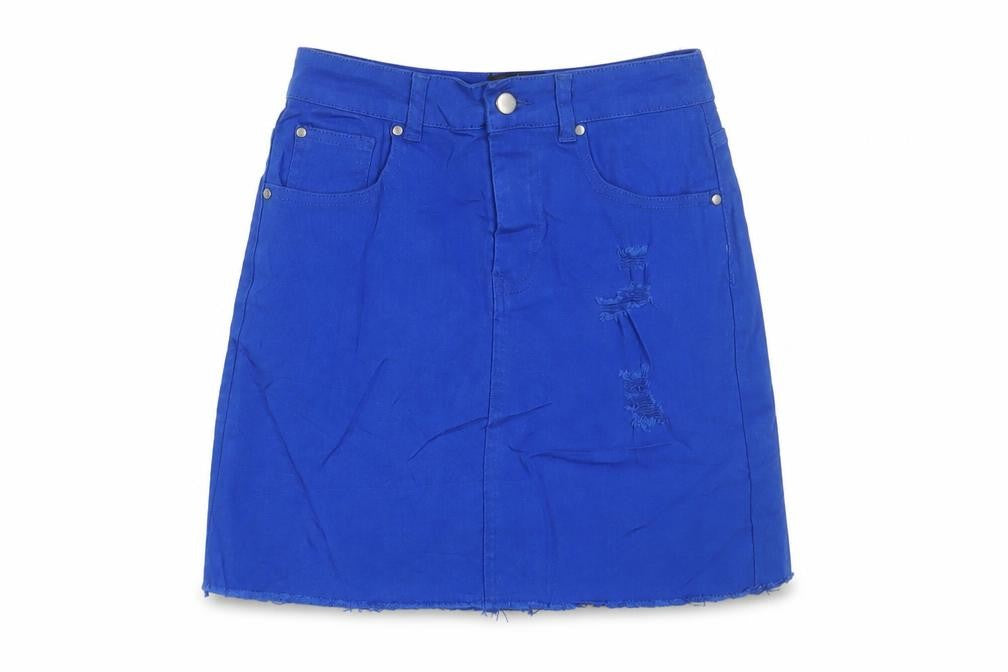 PRETTYLITTLETHING Womens Blue Cotton A-Line Skirt Size 6 Zip - Distressed, Pockets