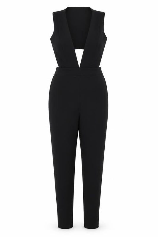 Front view of In the Style women’s black polyester jumpsuit one-piece, size UK 6, 24-inch leg pullover - cut out detail
