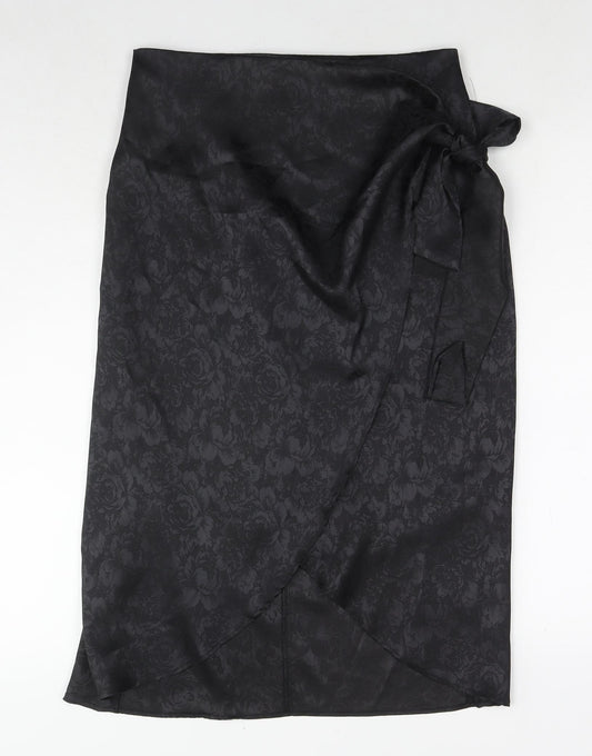 Vera & Lucy Womens Black Floral Polyester Wrap Skirt Size S Zip