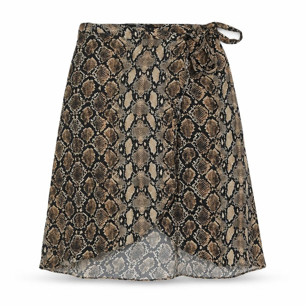 Bershka Womens Brown Animal Print Polyester Wrap Skirt Size S Button - Snake Pattern