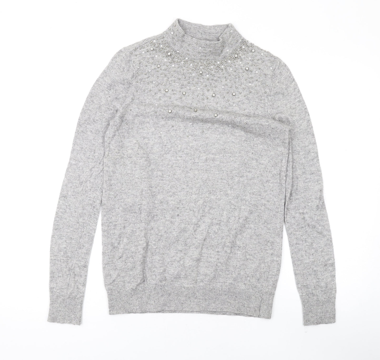 Wallis Womens Grey Mock Neck Geometric Acrylic Pullover Jumper Size S - Beaded