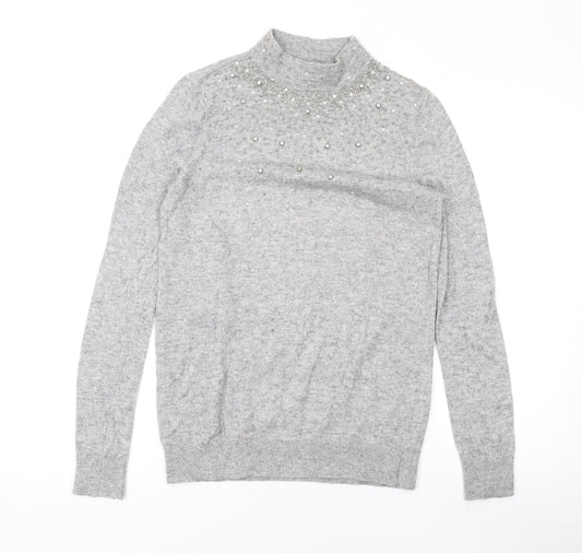 Wallis Womens Grey Mock Neck Geometric Acrylic Pullover Jumper Size S - Beaded