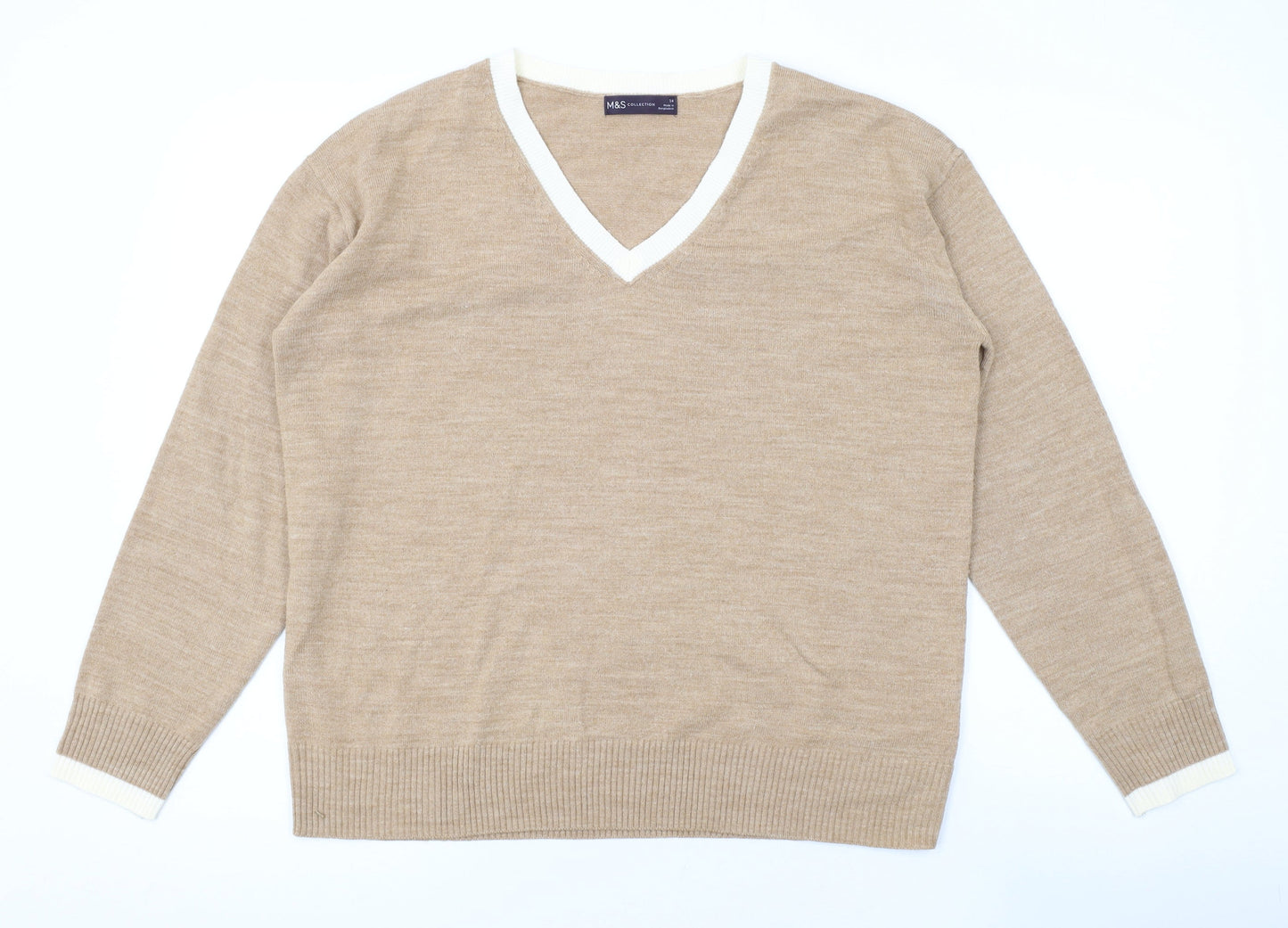 Marks and Spencer Womens Brown V-Neck Acrylic Pullover Jumper Size 14