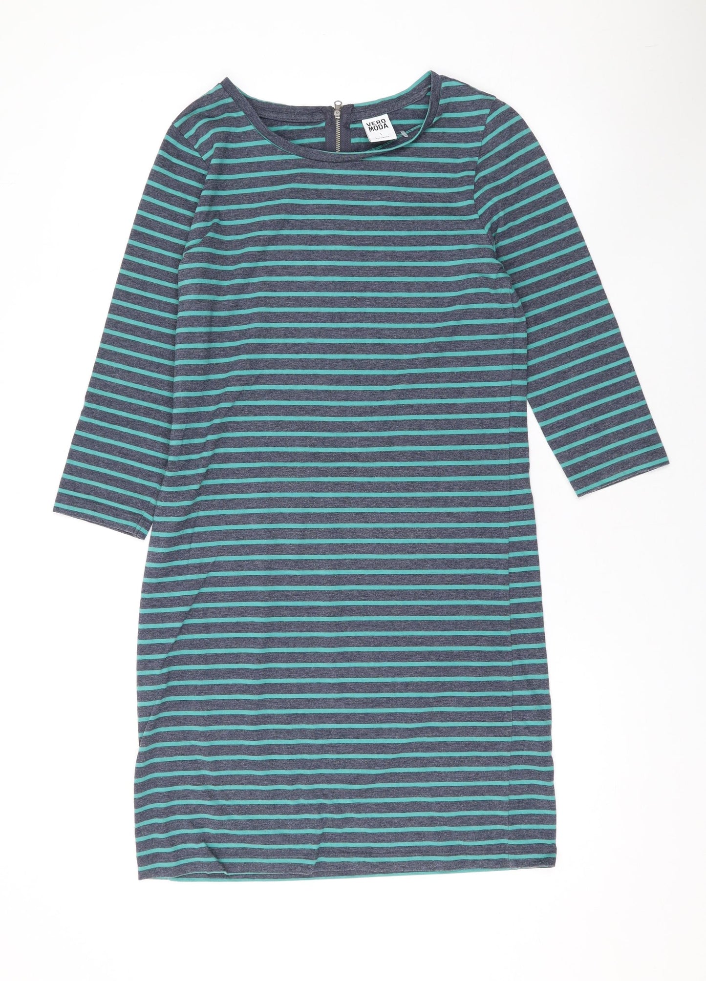 VERO MODA Womens Green Striped Polyester T-Shirt Dress Size S Round Neck Zip