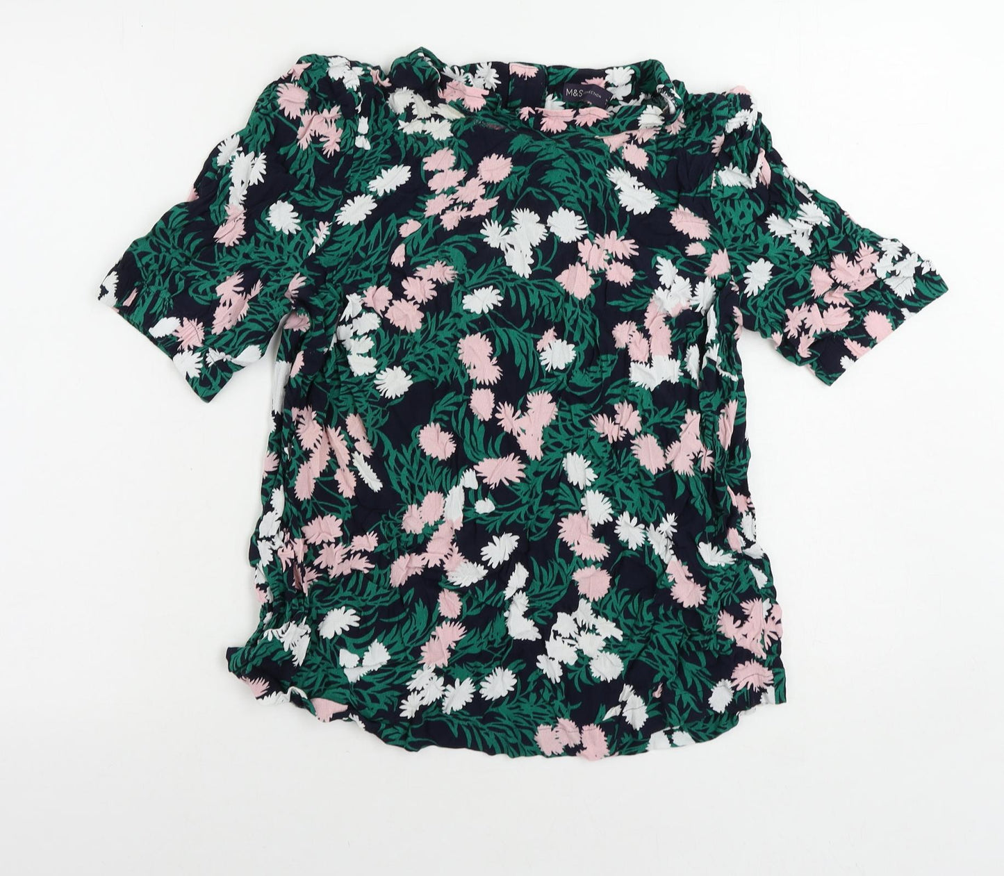 Marks and Spencer Womens Blue Floral Viscose Basic Blouse Size 14 Mock Neck