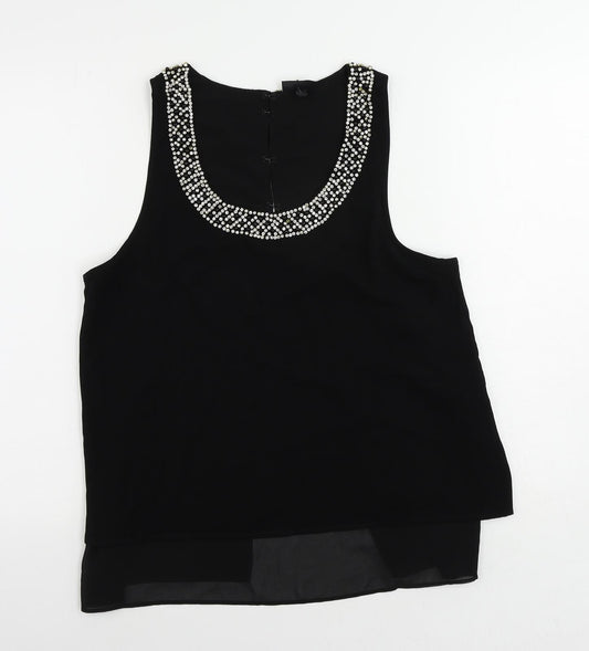 Topshop Womens Black Polyester Basic Blouse Size 12 Scoop Neck - Embellished Neckline