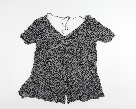Motel Womens Black Floral Viscose Tunic Button-Up Size XL V-Neck