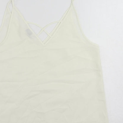 Brand and care label for Miss Selfridge women’s ivory polyester camisole tank, size UK 14, v-neck