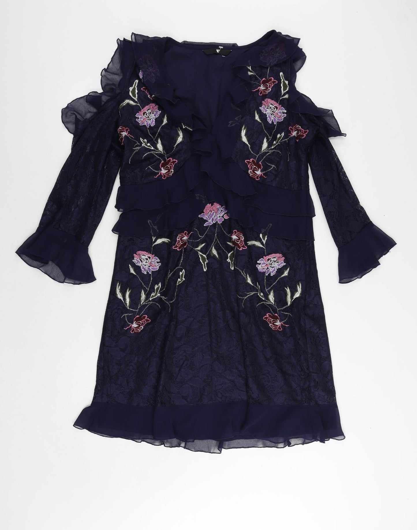 Very Womens Blue Floral Polyester A-Line Size 16 V-Neck Zip - Ruffle