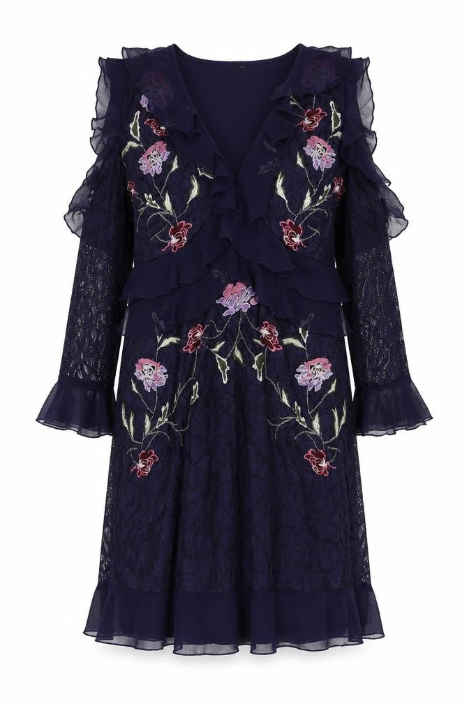 Very Womens Blue Floral Polyester A-Line Size 16 V-Neck Zip - Ruffle