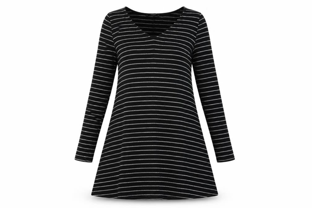 Mango Womens Black Striped Polyester Jumper Dress Size M V-Neck Pullover
