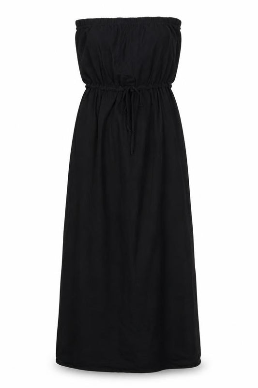 Next Womens Black Cotton Maxi Size 8 Off the Shoulder Drawstring - Strapless