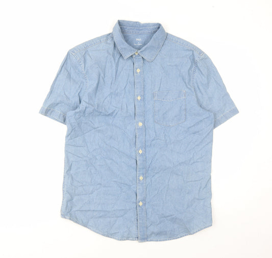 marks and Mens Blue Polyester Button-Up Size M Collared Button