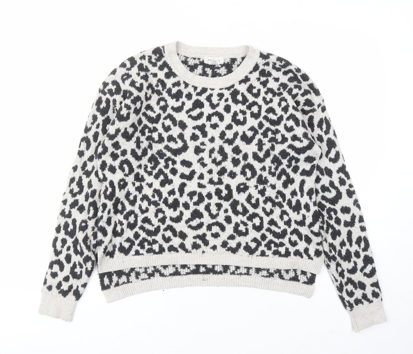 Yes Lola Womens Grey Round Neck Animal Print Cotton Pullover Jumper Size M - Leopard Pattern