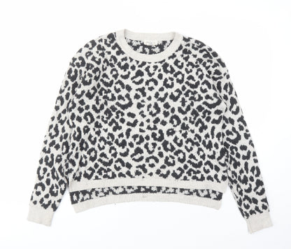 Yes Lola Womens Grey Round Neck Animal Print Cotton Pullover Jumper Size M - Leopard Pattern
