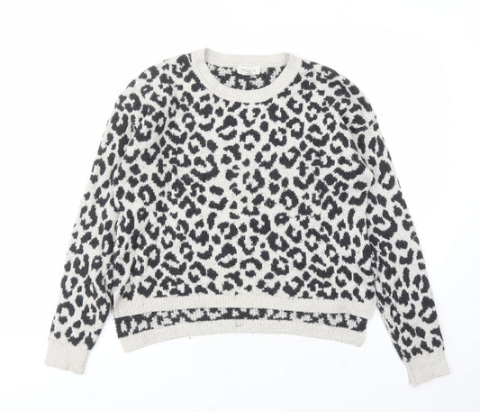 Yes Lola Womens Grey Round Neck Animal Print Cotton Pullover Jumper Size M - Leopard Pattern