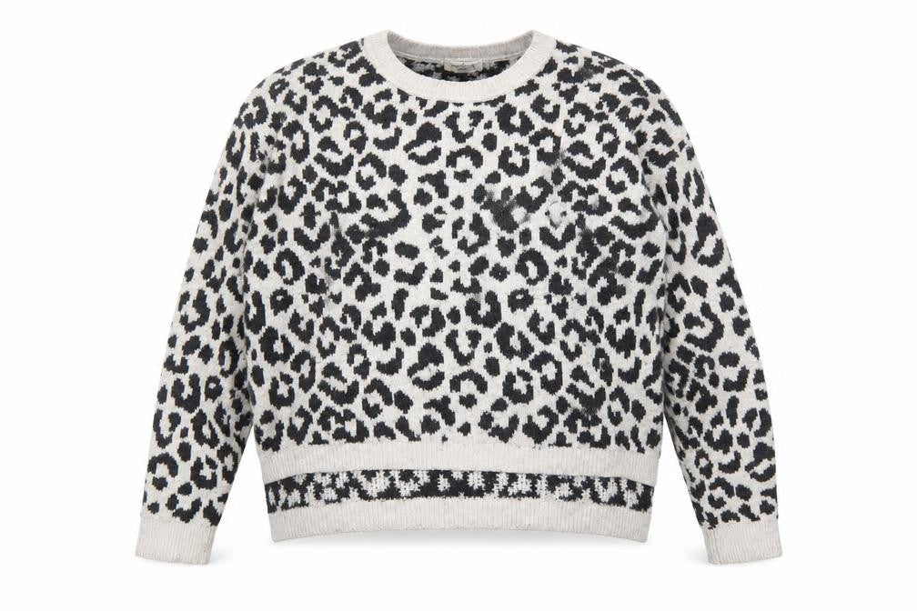 Yes Lola Womens Grey Round Neck Animal Print Cotton Pullover Jumper Size M - Leopard Pattern