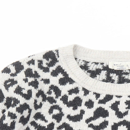 Yes Lola Womens Grey Round Neck Animal Print Cotton Pullover Jumper Size M - Leopard Pattern