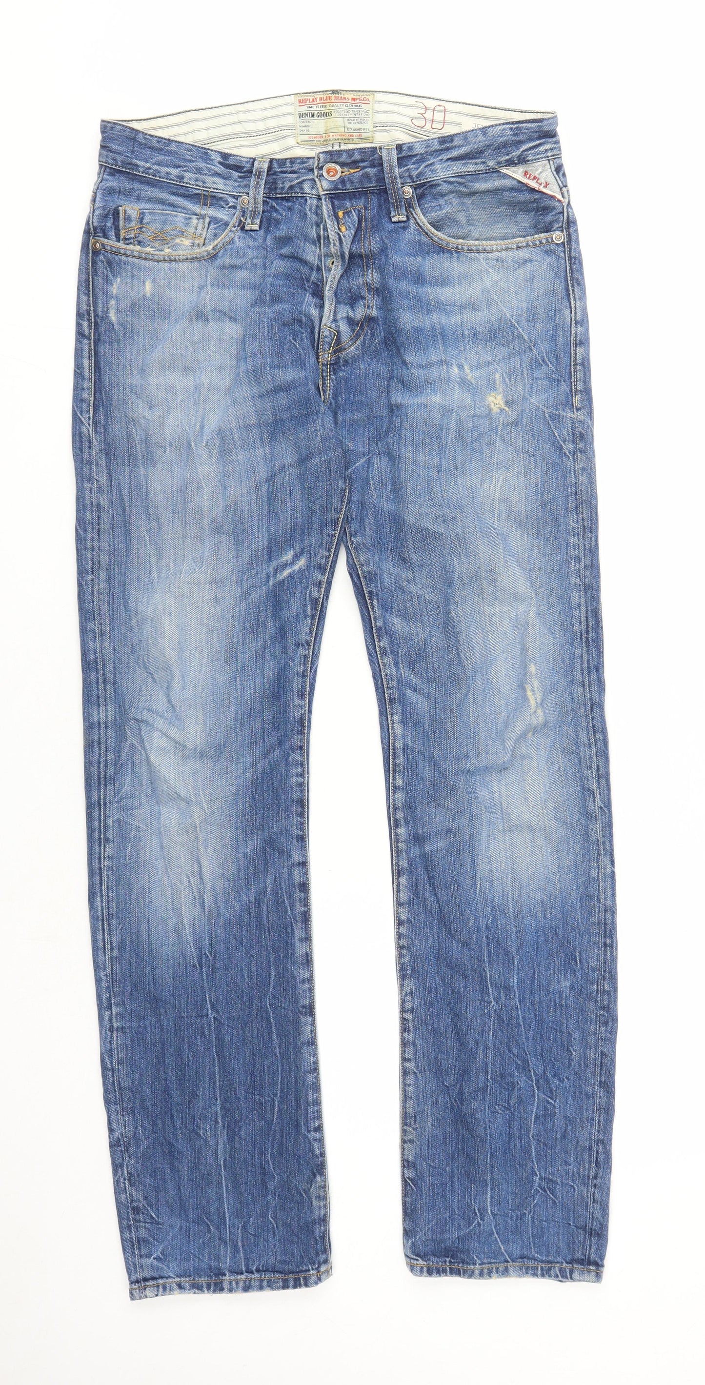 Replay Mens Blue Cotton Straight Jeans Size 30 in L32 in Regular Button - Pockets
