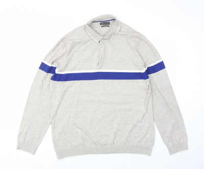 Marks & Spencer Mens Beige Collared Striped Cotton Pullover Jumper Size XL Long Sleeve