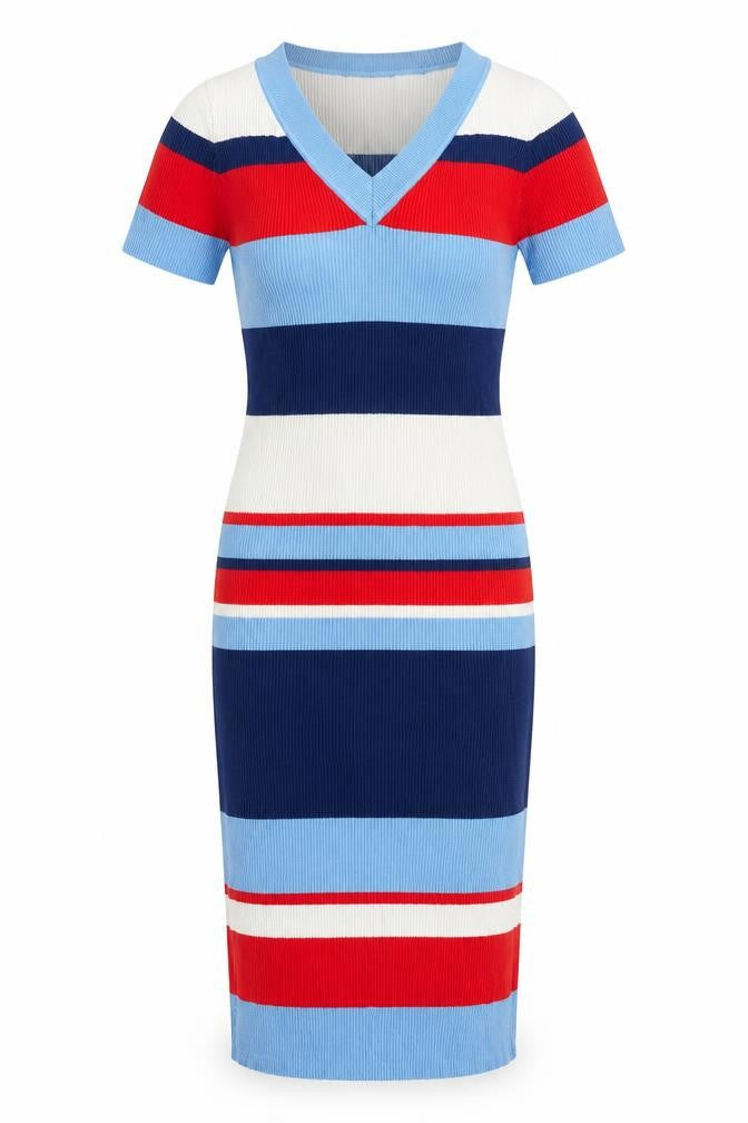 Amisu Womens Blue Colourblock Polyester Jumper Dress Size 14 V-Neck Pullover