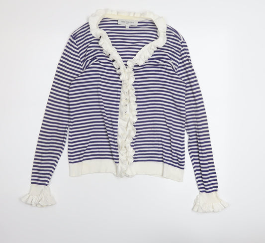 Anne Fontaine Womens Blue V-Neck Striped Cotton Cardigan Jumper Size 14