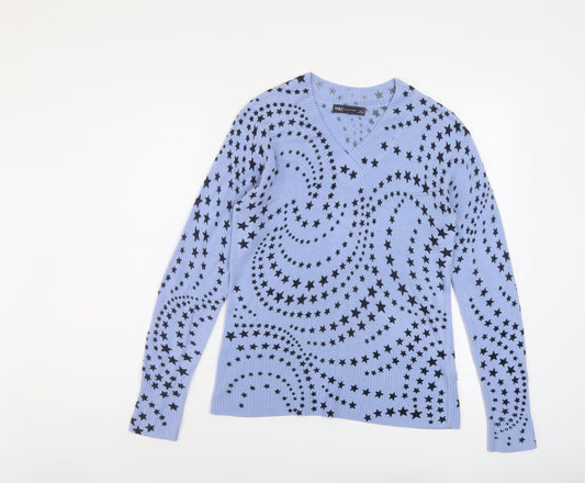 Marks and Spencer Womens Blue V-Neck Geometric Acrylic Pullover Jumper Size 8
