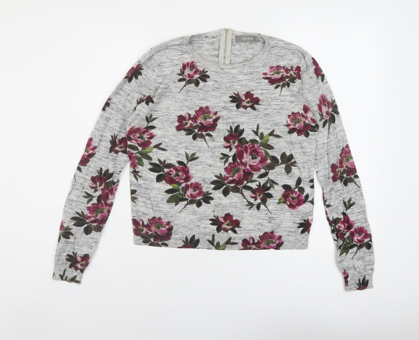 Oasis Womens Grey Round Neck Floral Cotton Pullover Jumper Size XS