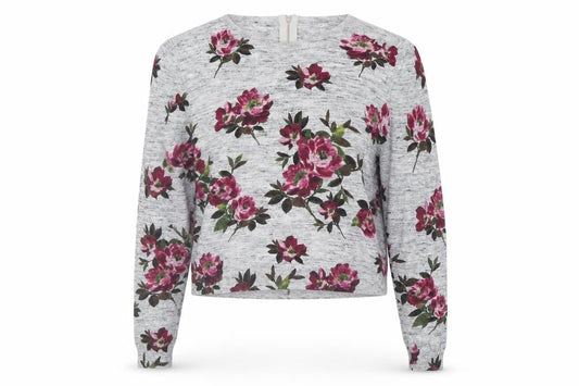 Oasis Womens Grey Round Neck Floral Cotton Pullover Jumper Size XS