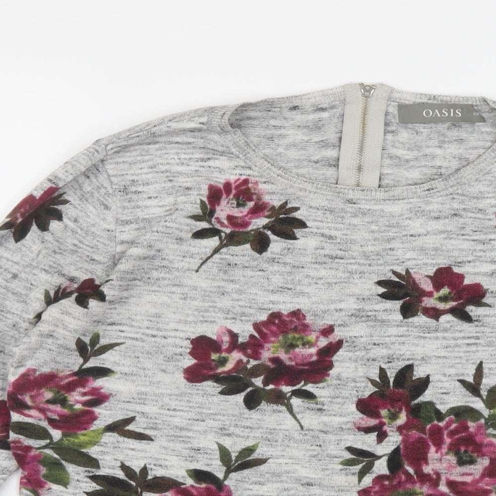 Oasis Womens Grey Round Neck Floral Cotton Pullover Jumper Size XS